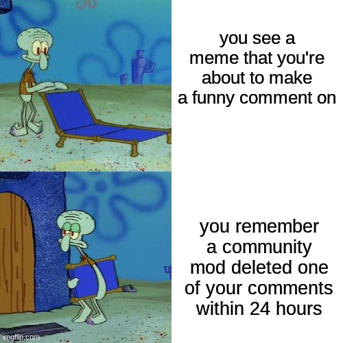 I don't even know why they did it | you see a meme that you're about to make a funny comment on; you remember a community mod deleted one of your comments within 24 hours | image tagged in squidward chair | made w/ Imgflip meme maker