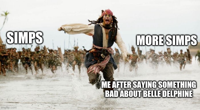 Haha | SIMPS; MORE SIMPS; ME AFTER SAYING SOMETHING BAD ABOUT BELLE DELPHINE | image tagged in jack sparrow being chased | made w/ Imgflip meme maker