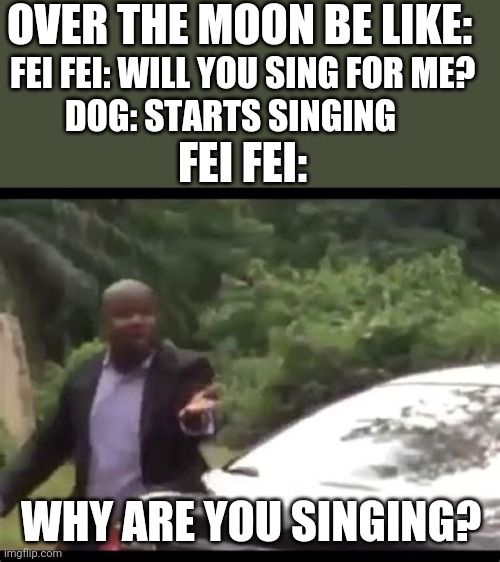 Why are you running? |  OVER THE MOON BE LIKE:; FEI FEI: WILL YOU SING FOR ME? FEI FEI:; DOG: STARTS SINGING; WHY ARE YOU SINGING? | image tagged in why are you running | made w/ Imgflip meme maker