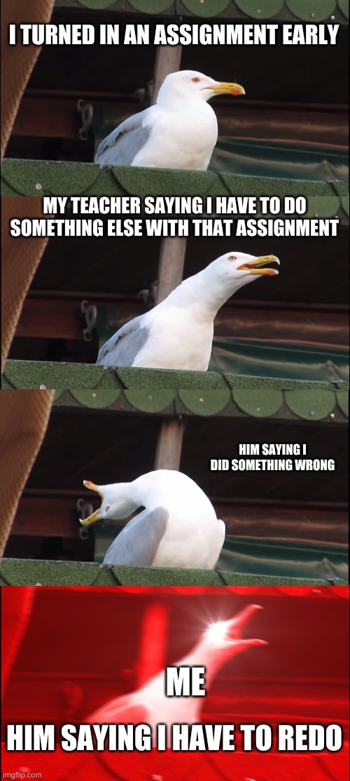 this literally just happened to me | I TURNED IN AN ASSIGNMENT EARLY; MY TEACHER SAYING I HAVE TO DO SOMETHING ELSE WITH THAT ASSIGNMENT; HIM SAYING I DID SOMETHING WRONG; ME; HIM SAYING I HAVE TO REDO | image tagged in memes,inhaling seagull | made w/ Imgflip meme maker