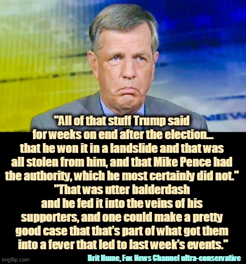 "All of that stuff Trump said 
for weeks on end after the election...
that he won it in a landslide and that was 
all stolen from him, and that Mike Pence had 
the authority, which he most certainly did not." 
"That was utter balderdash 
and he fed it into the veins of his 
supporters, and one could make a pretty 
good case that that’s part of what got them 
into a fever that led to last week’s events."; Brit Hume, Fox News Channel ultra-conservative | image tagged in trump,lies,election | made w/ Imgflip meme maker