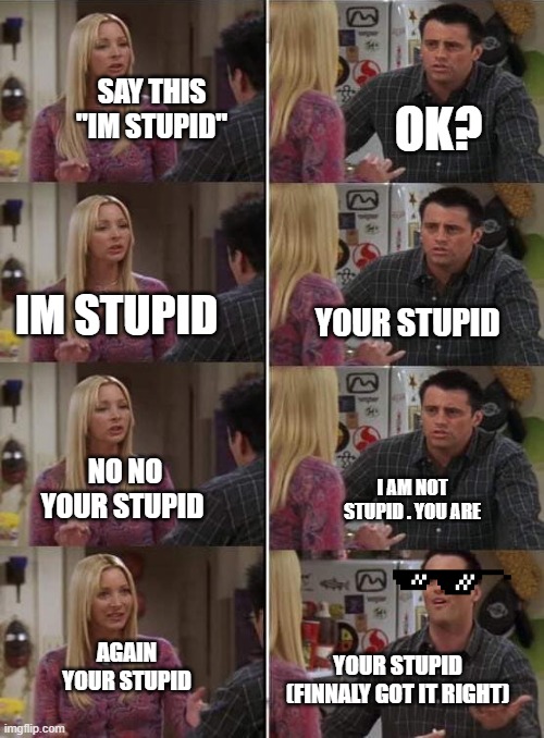 Annoying friend joe | SAY THIS "IM STUPID"; OK? IM STUPID; YOUR STUPID; NO NO YOUR STUPID; I AM NOT STUPID . YOU ARE; YOUR STUPID (FINNALY GOT IT RIGHT); AGAIN YOUR STUPID | image tagged in phoebe teaching joey in friends | made w/ Imgflip meme maker