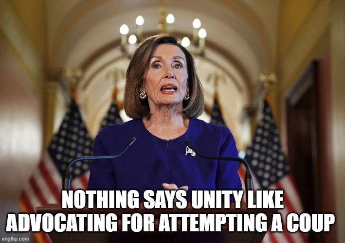 Nothing says unity like advocating for attempting a coup | NOTHING SAYS UNITY LIKE ADVOCATING FOR ATTEMPTING A COUP | image tagged in nancy pelosi,coup | made w/ Imgflip meme maker
