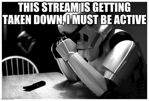 Sad Storm Trooper | THIS STREAM IS GETTING TAKEN DOWN, I MUST BE ACTIVE | image tagged in sad storm trooper | made w/ Imgflip meme maker