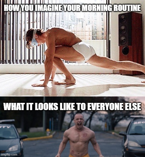 HOW YOU IMAGINE YOUR MORNING ROUTINE; WHAT IT LOOKS LIKE TO EVERYONE ELSE | image tagged in funny memes | made w/ Imgflip meme maker