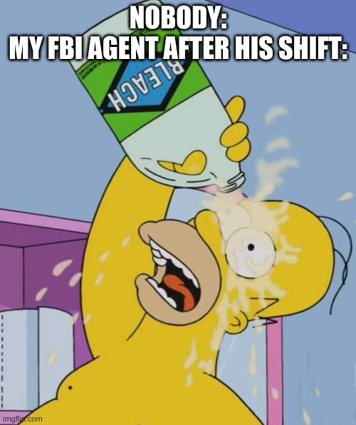 what happens in my room stays in my room | NOBODY:
MY FBI AGENT AFTER HIS SHIFT: | image tagged in memes,funny,fbi,bleach,homer simpson | made w/ Imgflip meme maker