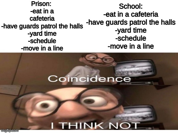 Wait... | Prison: 
-eat in a cafeteria
-have guards patrol the halls
-yard time
-schedule
-move in a line; School:
-eat in a cafeteria
-have guards patrol the halls
-yard time
-schedule
-move in a line | image tagged in coincidence i think not,school,prison | made w/ Imgflip meme maker