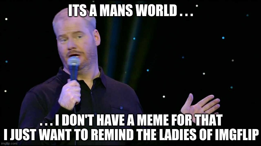 Jim gaffigan | ITS A MANS WORLD . . . . . . I DON'T HAVE A MEME FOR THAT I JUST WANT TO REMIND THE LADIES OF IMGFLIP | image tagged in jim gaffigan,ladies,man's world | made w/ Imgflip meme maker