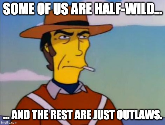 Clint Eastwood | SOME OF US ARE HALF-WILD... ... AND THE REST ARE JUST OUTLAWS. | image tagged in memes about memes,clint eastwood,the simpsons,country  western | made w/ Imgflip meme maker
