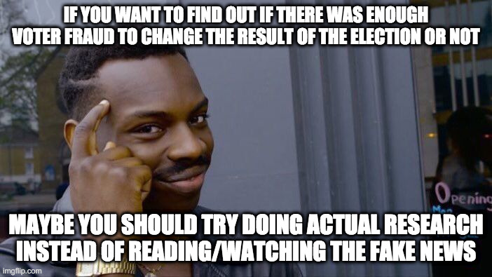 Just a suggestion | IF YOU WANT TO FIND OUT IF THERE WAS ENOUGH VOTER FRAUD TO CHANGE THE RESULT OF THE ELECTION OR NOT; MAYBE YOU SHOULD TRY DOING ACTUAL RESEARCH INSTEAD OF READING/WATCHING THE FAKE NEWS | image tagged in memes,roll safe think about it,voter fraud,2020 election | made w/ Imgflip meme maker