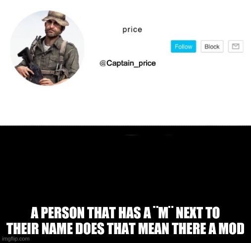 iv been waiting to see this | A PERSON THAT HAS A ¨M¨ NEXT TO THEIR NAME DOES THAT MEAN THERE A MOD | image tagged in captain_price | made w/ Imgflip meme maker