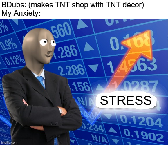 BDubs is Getting on my Nerves. | BDubs: (makes TNT shop with TNT décor)
My Anxiety:; STRESS | image tagged in empty stonks | made w/ Imgflip meme maker
