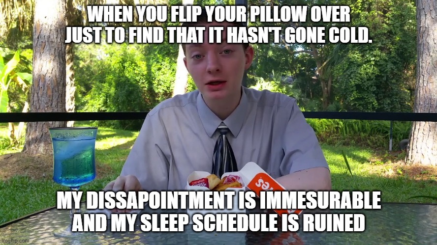 Sleeping in a Nutshell | WHEN YOU FLIP YOUR PILLOW OVER JUST TO FIND THAT IT HASN'T GONE COLD. MY DISSAPOINTMENT IS IMMESURABLE AND MY SLEEP SCHEDULE IS RUINED | image tagged in my dissapointment clean | made w/ Imgflip meme maker