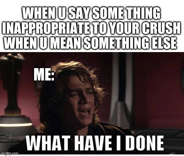 Anakin what have i done | WHEN U SAY SOME THING INAPPROPRIATE TO YOUR CRUSH WHEN U MEAN SOMETHING ELSE; ME: | image tagged in anakin what have i done | made w/ Imgflip meme maker