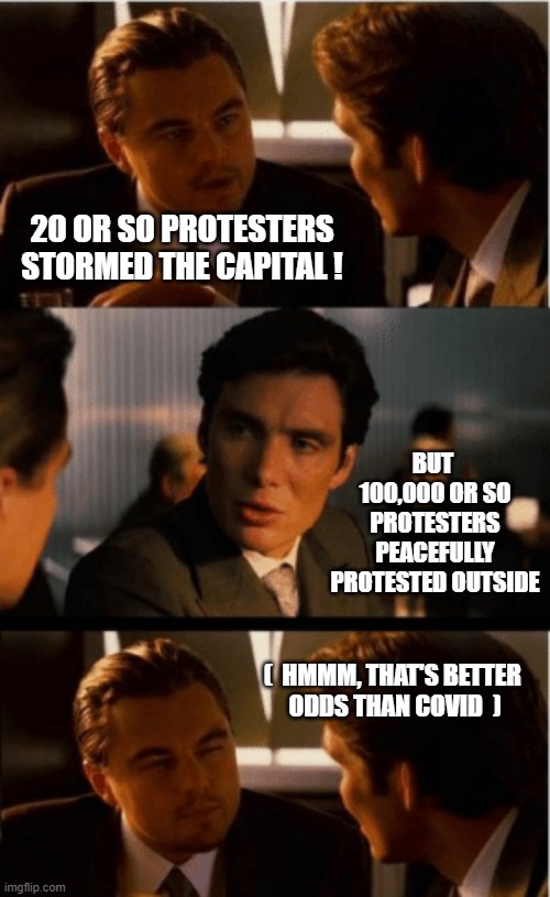 Burning & Looting & High-falutin' | 20 OR SO PROTESTERS STORMED THE CAPITAL ! BUT 
100,000 OR SO PROTESTERS PEACEFULLY PROTESTED OUTSIDE; (  HMMM, THAT'S BETTER 
ODDS THAN COVID  ) | image tagged in covid,insurrection,trump,protest | made w/ Imgflip meme maker