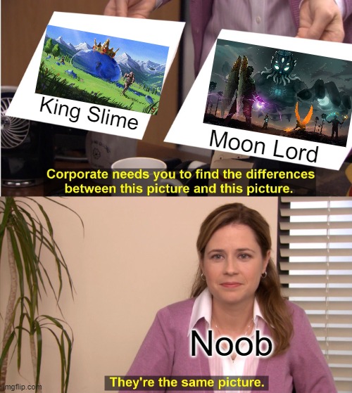 Terraria Noobs | King Slime; Moon Lord; Noob | image tagged in memes,they're the same picture | made w/ Imgflip meme maker