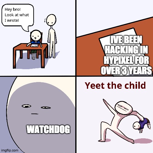 Yeet the child | IVE BEEN HACKING IN HYPIXEL FOR OVER 3 YEARS; WATCHDOG | image tagged in yeet the child | made w/ Imgflip meme maker