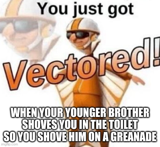 You just got vectored | WHEN YOUR YOUNGER BROTHER SHOVES YOU IN THE TOILET SO YOU SHOVE HIM ON A GREANADE | image tagged in you just got vectored,barney will eat all of your delectable biscuits | made w/ Imgflip meme maker