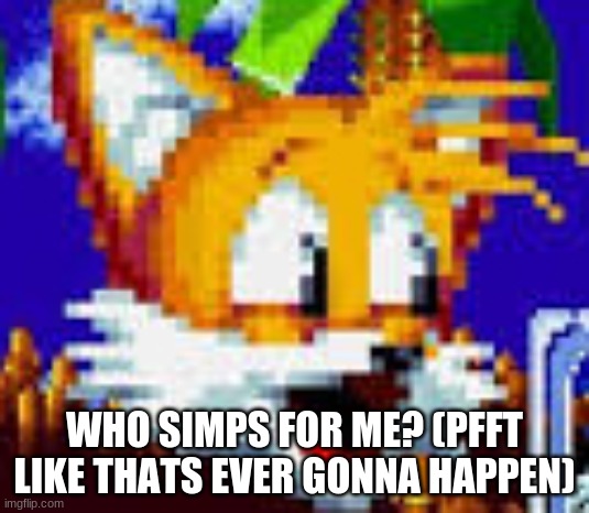 tails pog | WHO SIMPS FOR ME? (PFFT LIKE THAT'S EVER GONNA HAPPEN) | image tagged in tails pog,memes | made w/ Imgflip meme maker