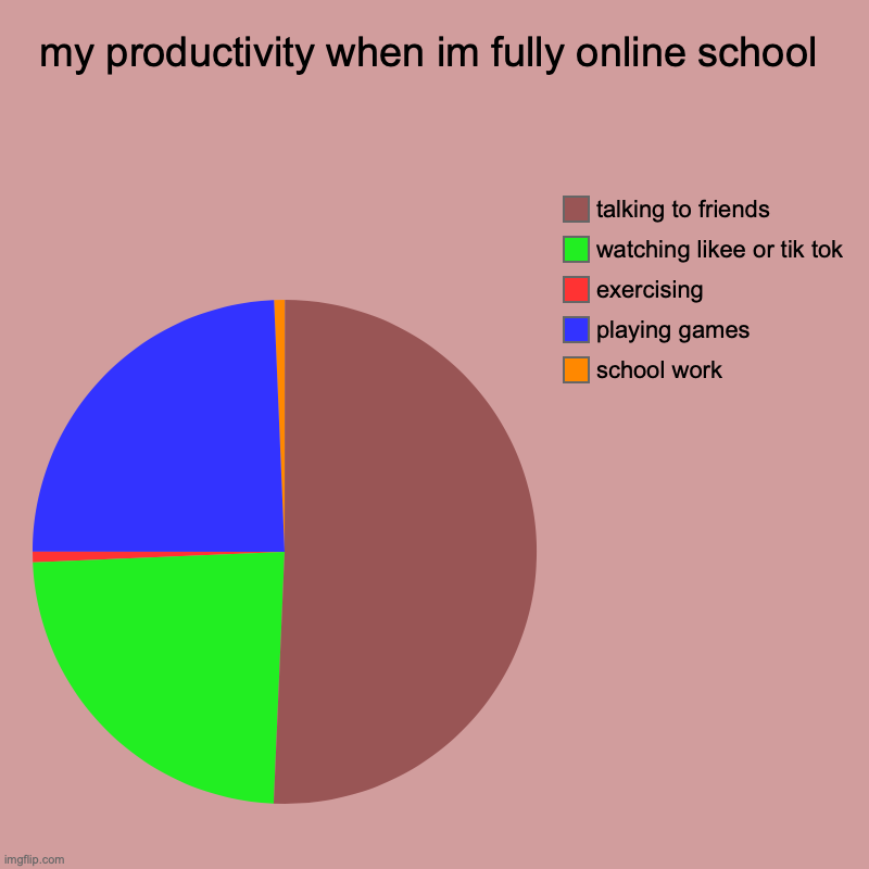my productivity when im fully online school | school work, playing games , exercising, watching likee or tik tok, talking to friends | image tagged in charts,pie charts | made w/ Imgflip chart maker