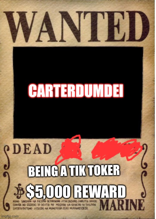 Wanted | CARTERDUMDEI; BEING A TIK TOKER; $5,000 REWARD | image tagged in one piece wanted poster template | made w/ Imgflip meme maker