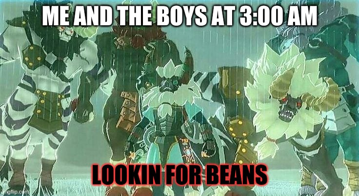 like the ol' days | ME AND THE BOYS AT 3:00 AM; LOOKIN FOR BEANS | image tagged in lynels | made w/ Imgflip meme maker