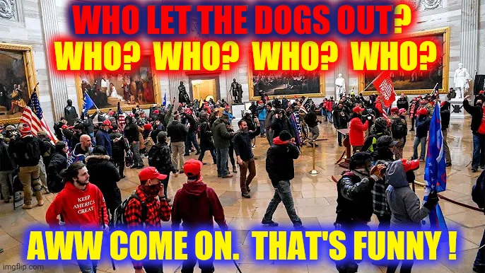 We All Know Who Opened The Gate | WHO LET THE DOGS OUT?  WHO?  WHO?  WHO?  WHO? WHO LET THE DOGS OUT; AWW COME ON.  THAT'S FUNNY ! | image tagged in memes,who let the dogs out,who knew,oh come on,insurrection,dumbasses | made w/ Imgflip meme maker