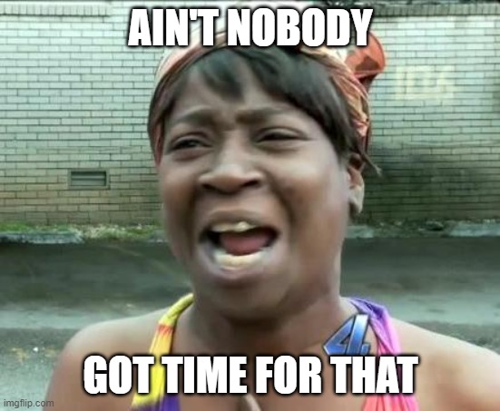 AINT NOBODY GOT TIME FOR THAT | AIN'T NOBODY; GOT TIME FOR THAT | image tagged in aint nobody got time for that | made w/ Imgflip meme maker