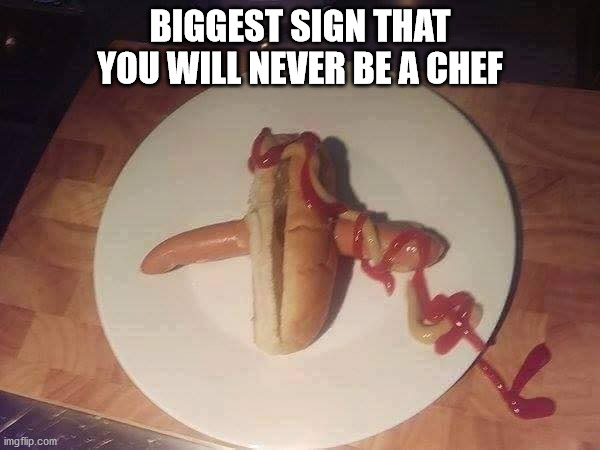 Biggest sign that you will never be a chef | BIGGEST SIGN THAT YOU WILL NEVER BE A CHEF | image tagged in failed hotdog,hotdog,epic fail,chef | made w/ Imgflip meme maker