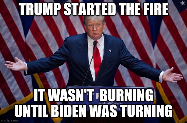 Donald Trump | TRUMP STARTED THE FIRE; IT WASN'T  BURNING UNTIL BIDEN WAS TURNING | image tagged in donald trump | made w/ Imgflip meme maker