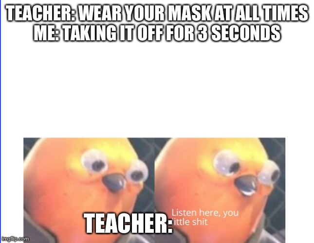 Listen here you little **** | TEACHER: WEAR YOUR MASK AT ALL TIMES
ME: TAKING IT OFF FOR 3 SECONDS; TEACHER: | image tagged in listen here you little shit | made w/ Imgflip meme maker
