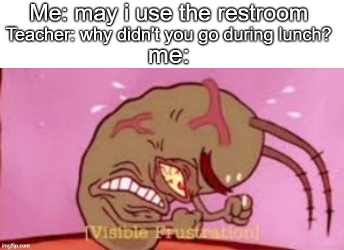 i didnt need to go then  t e a c h e r | Me: may i use the restroom; Teacher: why didn't you go during lunch? me: | image tagged in text box,visible frustration | made w/ Imgflip meme maker