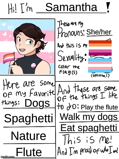 I'm new here. | Samantha; She/her; Dogs; Play the flute; Spaghetti; Walk my dogs; Eat spaghetti; Nature; Flute | image tagged in lgbtq stream account profile | made w/ Imgflip meme maker