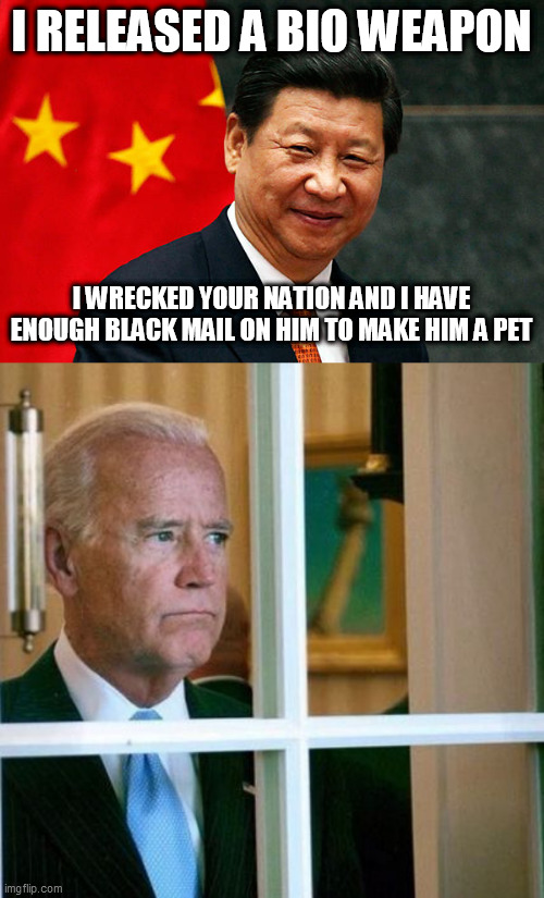 I RELEASED A BIO WEAPON; I WRECKED YOUR NATION AND I HAVE ENOUGH BLACK MAIL ON HIM TO MAKE HIM A PET | image tagged in xi jinping,sad joe biden | made w/ Imgflip meme maker