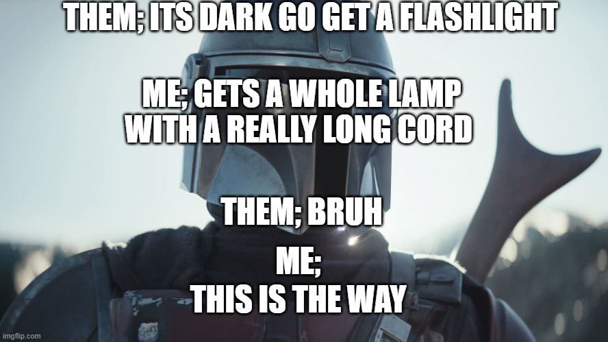 The Mandalorian. | THEM; ITS DARK GO GET A FLASHLIGHT; ME; GETS A WHOLE LAMP WITH A REALLY LONG CORD; THEM; BRUH; ME;; THIS IS THE WAY | image tagged in the mandalorian | made w/ Imgflip meme maker