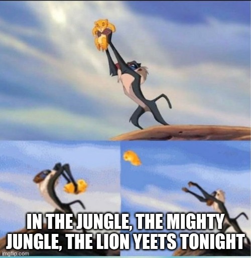 Yeet | IN THE JUNGLE, THE MIGHTY JUNGLE, THE LION YEETS TONIGHT | image tagged in lion being yeeted,yeet | made w/ Imgflip meme maker