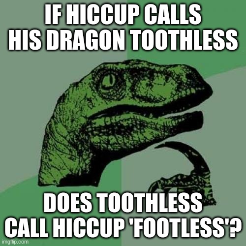 Yes, I believe he does. | IF HICCUP CALLS HIS DRAGON TOOTHLESS; DOES TOOTHLESS CALL HICCUP 'FOOTLESS'? | image tagged in memes,philosoraptor,funny | made w/ Imgflip meme maker