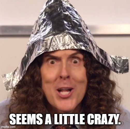 Weird al tinfoil hat | SEEMS A LITTLE CRAZY. | image tagged in weird al tinfoil hat | made w/ Imgflip meme maker