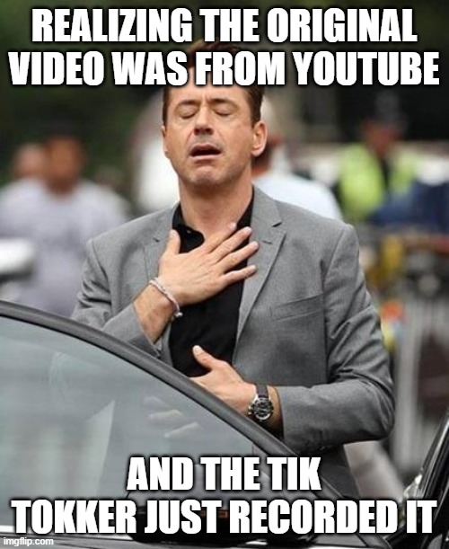 Robert Downy Jr | REALIZING THE ORIGINAL VIDEO WAS FROM YOUTUBE AND THE TIK TOKKER JUST RECORDED IT | image tagged in robert downy jr | made w/ Imgflip meme maker