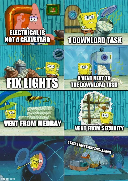 really true lol | ELECTRICAL IS NOT A GRAVEYARD; 1 DOWNLOAD TASK; A VENT NEXT TO THE DOWNLOAD TASK; FIX LIGHTS; VENT FROM MEDBAY; VENT FROM SECURITY; 4 TASKS THAN EVERY SINGLE ROOM | image tagged in spongebob shows patrick garbage | made w/ Imgflip meme maker