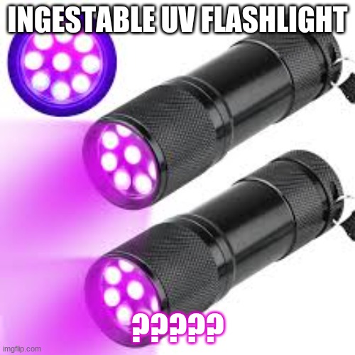 ingestible uv flashlight | INGESTABLE UV FLASHLIGHT; ????? | image tagged in ingestible uv flashlight | made w/ Imgflip meme maker