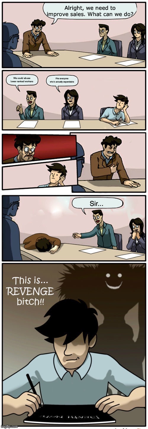 The template is called “boardroom suggestion meeting revenge version” | Alright, we need to improve sales. What can we do? We could abuse lower ranked workers; Fire everyone who’s actually expendable; Sir... | image tagged in boardroom suggestion meeting revenge version | made w/ Imgflip meme maker