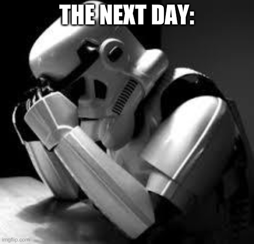 Crying stormtrooper | THE NEXT DAY: | image tagged in crying stormtrooper | made w/ Imgflip meme maker