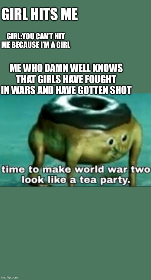 time to make world war 2 look like a tea party | GIRL HITS ME; GIRL:YOU CAN’T HIT ME BECAUSE I’M A GIRL; ME WHO DAMN WELL KNOWS THAT GIRLS HAVE FOUGHT IN WARS AND HAVE GOTTEN SHOT | image tagged in time to make world war 2 look like a tea party | made w/ Imgflip meme maker