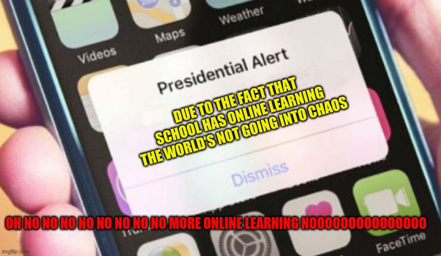 this is my theory for school | DUE TO THE FACT THAT SCHOOL HAS ONLINE LEARNING THE WORLD'S NOT GOING INTO CHAOS; OH NO NO NO NO NO NO NO NO MORE ONLINE LEARNING NOOOOOOOOOOOOOOO | image tagged in memes,presidential alert | made w/ Imgflip meme maker