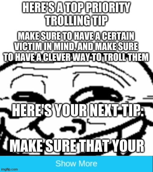 a top priority trolling tip | HERE'S A TOP PRIORITY
TROLLING TIP; MAKE SURE TO HAVE A CERTAIN VICTIM IN MIND, AND MAKE SURE TO HAVE A CLEVER WAY TO TROLL THEM; HERE'S YOUR NEXT TIP:; MAKE SURE THAT YOUR | image tagged in troll,troll face,trolling,blank white template | made w/ Imgflip meme maker