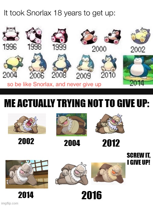 They don't call me the world's laziest for nothing | ME ACTUALLY TRYING NOT TO GIVE UP:; 2002; 2012; 2004; SCREW IT, I GIVE UP! 2016; 2014 | image tagged in blank white template | made w/ Imgflip meme maker