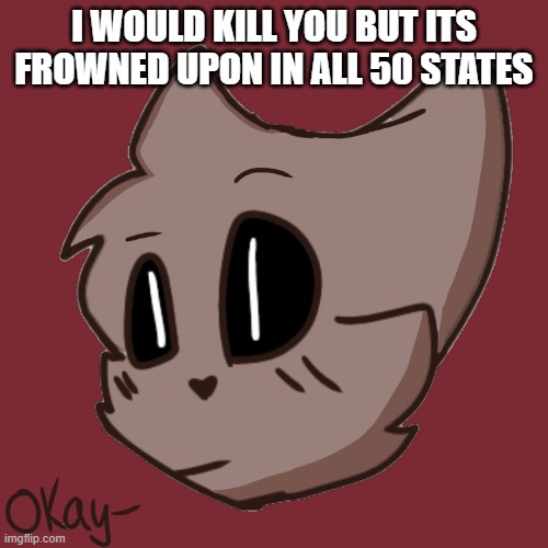 Okay- | I WOULD KILL YOU BUT ITS FROWNED UPON IN ALL 50 STATES | image tagged in okay- | made w/ Imgflip meme maker