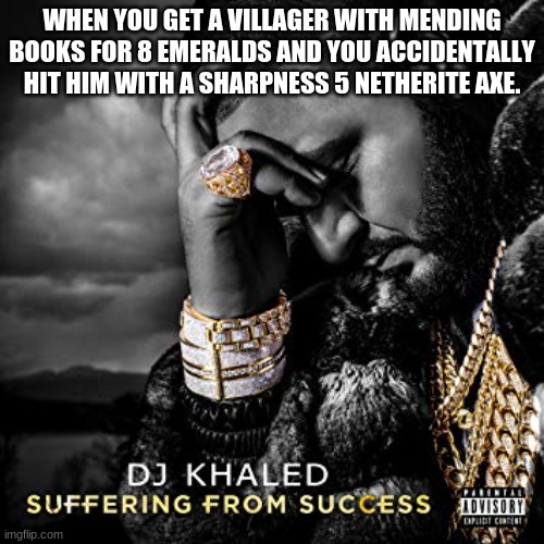 Suffering from Success... | WHEN YOU GET A VILLAGER WITH MENDING BOOKS FOR 8 EMERALDS AND YOU ACCIDENTALLY HIT HIM WITH A SHARPNESS 5 NETHERITE AXE. | image tagged in dj khaled suffering from success meme | made w/ Imgflip meme maker