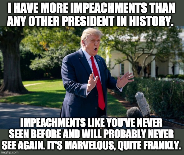 3 Cheers for Democracy! | I HAVE MORE IMPEACHMENTS THAN ANY OTHER PRESIDENT IN HISTORY. IMPEACHMENTS LIKE YOU'VE NEVER SEEN BEFORE AND WILL PROBABLY NEVER SEE AGAIN. IT'S MARVELOUS, QUITE FRANKLY. | image tagged in donald trump,trump,trump impeachment,trump impeached again | made w/ Imgflip meme maker